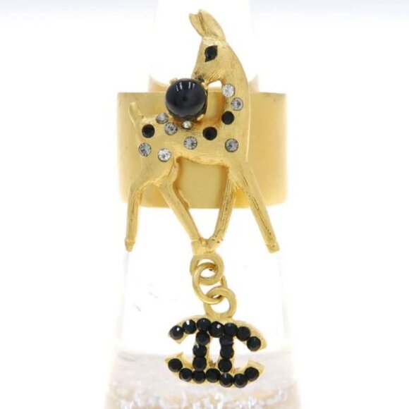 CHANEL CC Logo Black Rhinestone Deer Band Ring size US6.75 Gold Tone 01A Auth - Picture 1 of 7